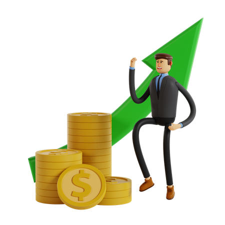 Homme d'affaires avec un tas de pièces de monnaie et une flèche verte en hausse  3D Illustration