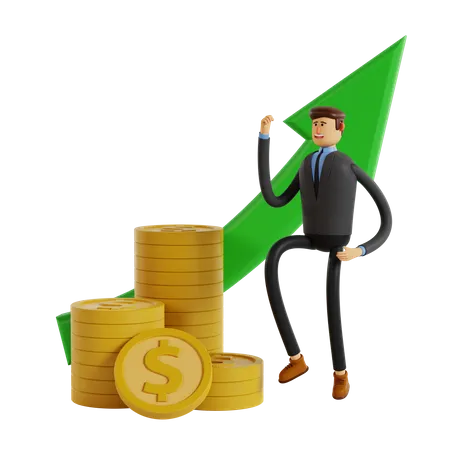 Homme d'affaires avec un tas de pièces de monnaie et une flèche verte en hausse  3D Illustration