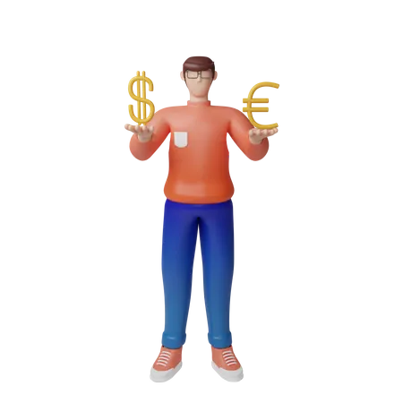Homme d'affaires ayant des investissements en dollars et en livres sterling  3D Illustration