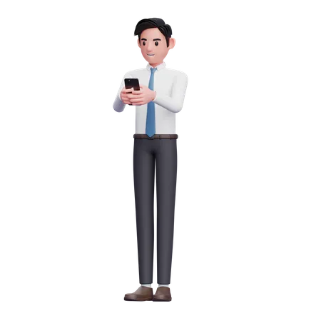 Homme d'affaires dans des vêtements soignés tapant un message au téléphone  3D Illustration