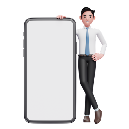 Homme d'affaires debout à côté d'un gros téléphone avec les jambes croisées  3D Illustration