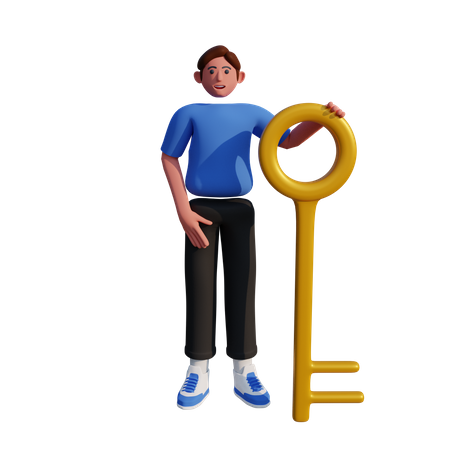 Homme d'affaires debout avec grosse clé  3D Illustration