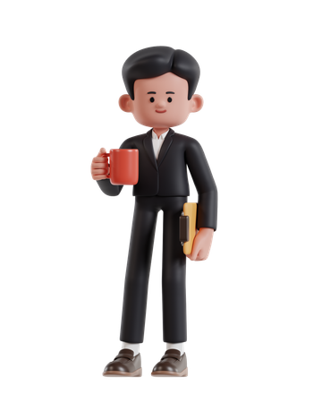 Homme d'affaires debout tenant une tasse de café et un presse-papiers  3D Illustration