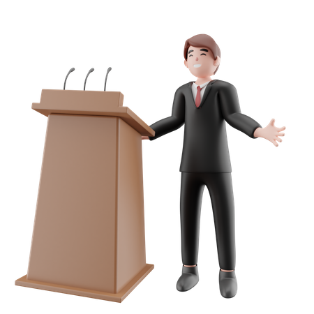 Homme d'affaires prononçant un discours sur le podium  3D Illustration