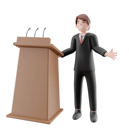 Homme d'affaires prononçant un discours sur le podium  3D Illustration