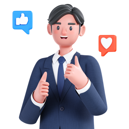 Homme d'affaires donnant des likes sur les réseaux sociaux  3D Illustration