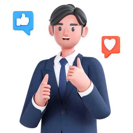 Homme d'affaires donnant des likes sur les réseaux sociaux  3D Illustration