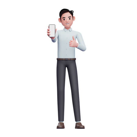 Homme d'affaires lève le pouce et montre l'écran du smartphone  3D Illustration