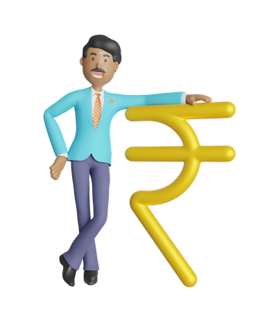 Homme d'affaires du sud de l'Inde s'appuyant sur le symbole monétaire indien, la roupie  3D Illustration
