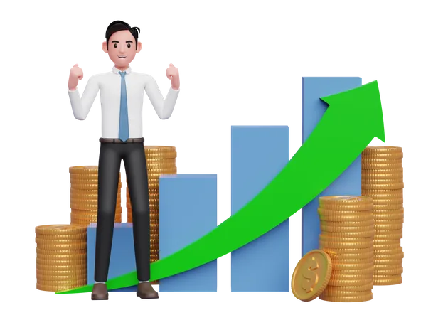 Homme d'affaires en chemise blanche cravate bleue célébrant avec les poings serrés devant un graphique à barres en croissance positive avec ornement de pièce de monnaie  3D Illustration