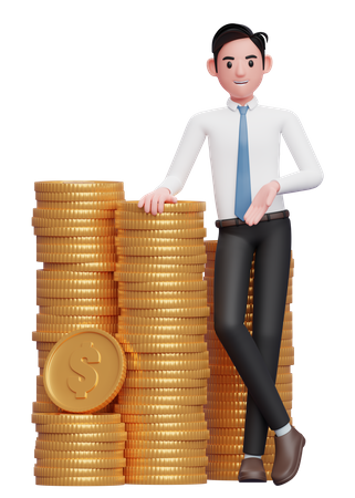 Homme d'affaires en chemise blanche cravate bleue debout avec les jambes croisées et s'appuyant sur un tas de pièces de monnaie  3D Illustration