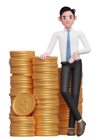 Homme d'affaires en chemise blanche cravate bleue debout avec les jambes croisées et s'appuyant sur un tas de pièces de monnaie  3D Illustration