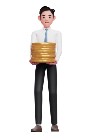 Homme d'affaires dans une chemise blanche cravate bleue transporter des tas de pièces d'or  3D Illustration