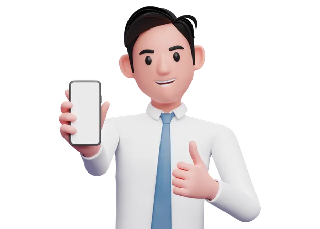 Homme d'affaires en chemise blanche donnant son appréciation avec un pouce tout en montrant un écran mobile  3D Illustration