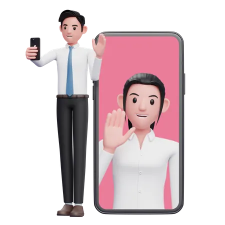 Homme d'affaires en chemise blanche passant un appel vidéo avec des collègues  3D Illustration
