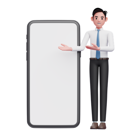 Homme d'affaires en chemise blanche présentant un téléphone avec écran blanc  3D Illustration