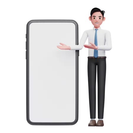 Homme d'affaires en chemise blanche présentant un téléphone avec écran blanc  3D Illustration