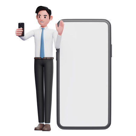 Homme d'affaires en chemise blanche passant un appel vidéo et agitant la main  3D Illustration