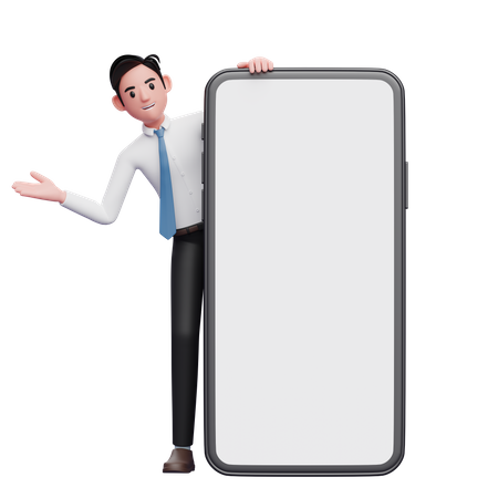 Un homme d'affaires en chemise blanche émerge de derrière un gros téléphone portable  3D Illustration