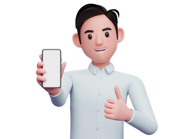 Homme d'affaires en chemise bleue montrant l'écran du téléphone avec les pouces vers le haut  3D Illustration