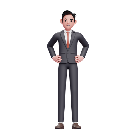 Homme d'affaires en costume formel geste de la main sur la taille  3D Illustration