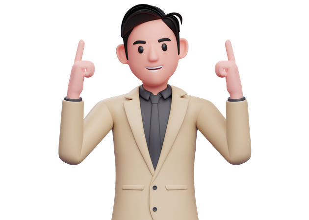 Homme d'affaires en costume marron pointant deux doigts vers le haut  3D Illustration