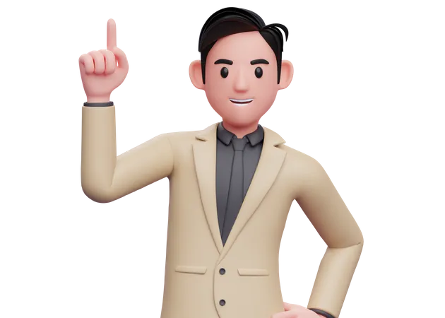 Homme d'affaires en costume marron pointant vers le haut avec l'index  3D Illustration