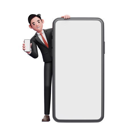 Homme d'affaires en costume noir debout derrière un gros téléphone portable tout en montrant l'écran du téléphone  3D Illustration