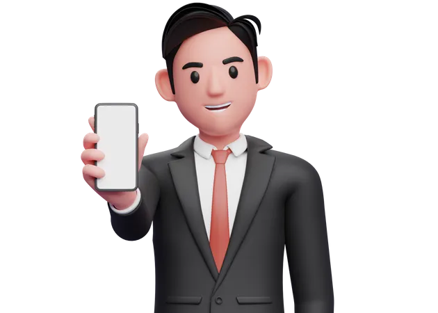 Homme d'affaires en costume noir montrant l'écran du téléphone à la caméra  3D Illustration