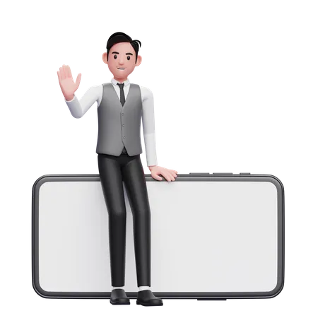 Homme d'affaires en gilet de bureau gris assis sur un grand téléphone paysage et agitant la main  3D Illustration