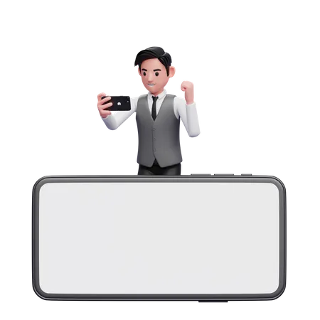Homme d'affaires en gilet de bureau gris célébrant tout en regardant l'écran du téléphone derrière un grand écran paysage de téléphone  3D Illustration