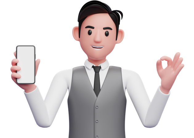Homme d'affaires en gilet de bureau gris donnant un doigt correct et tenant un téléphone portable  3D Illustration