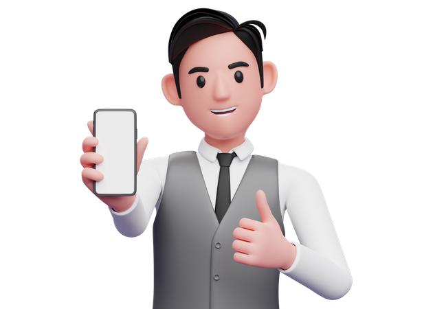 Un homme d'affaires en gilet de bureau gris lève le pouce et montre l'écran du téléphone à la caméra =  3D Illustration
