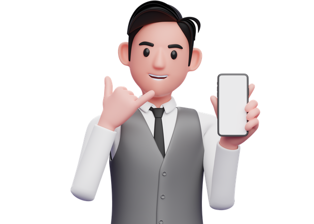Homme d'affaires en gilet de bureau gris m'appelant signe un geste du doigt avec montrant le téléphone  3D Illustration