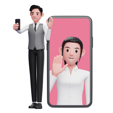 Homme d'affaires en gilet de bureau gris passant un appel vidéo avec son partenaire  3D Illustration