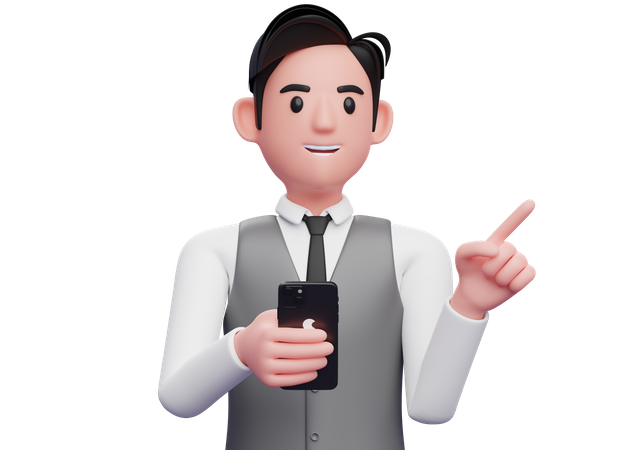 Homme d'affaires en gilet de bureau gris pointant vers le côté en choisissant le geste et tenant un téléphone  3D Illustration