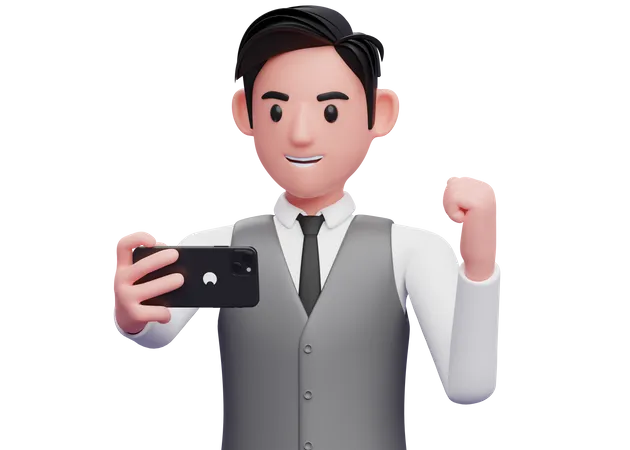 Homme d'affaires en gilet de bureau gris regardant l'écran du téléphone et célébrant  3D Illustration
