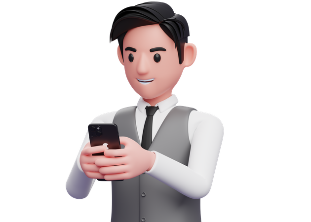 Homme d'affaires en gilet de bureau gris tapant un message avec un téléphone portable  3D Illustration