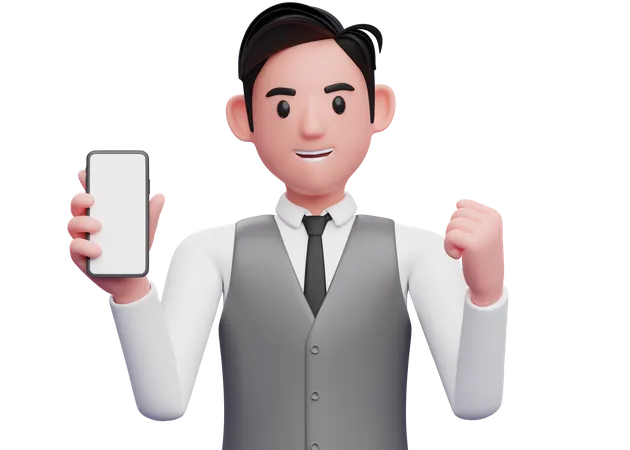 Homme d'affaires en gilet de bureau gris tenant le téléphone et célébrant  3D Illustration