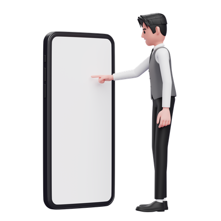 Homme d'affaires en gilet de bureau gris touchant l'écran du téléphone avec l'index  3D Illustration