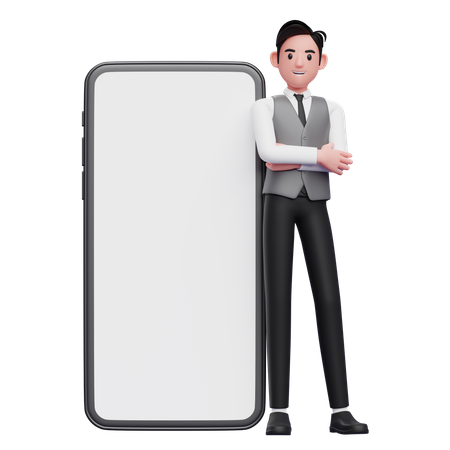 Un homme d'affaires en gilet gris croise les bras et se penche sur un téléphone portable avec un grand écran blanc  3D Illustration