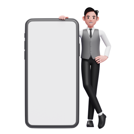 Homme d'affaires en gilet gris debout à côté d'un gros téléphone avec écran blanc, jambes croisées et mains sur la taille  3D Illustration