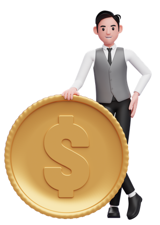 Homme d'affaires en gilet gris debout avec les jambes croisées et tenant une grosse pièce de monnaie  3D Illustration