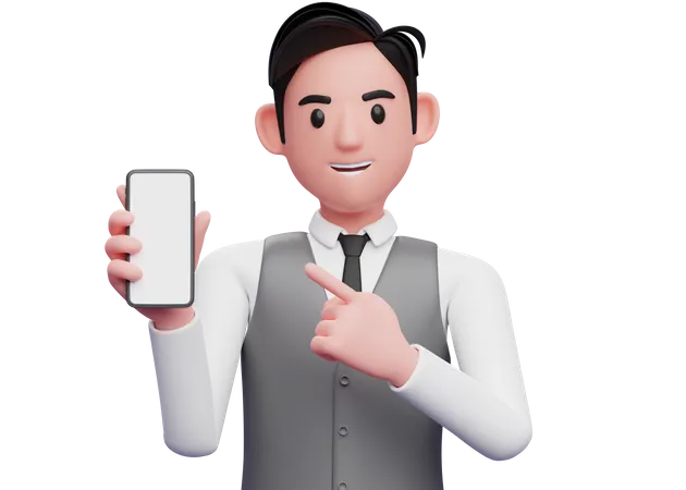 Homme d'affaires en gilet de bureau gris pointant le téléphone portable avec l'index  3D Illustration