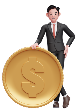 Homme d'affaires en costume formel noir debout avec les jambes croisées et tenant la pièce de monnaie  3D Illustration