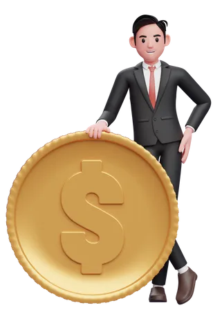 Homme d'affaires en costume formel noir debout avec les jambes croisées et tenant la pièce de monnaie  3D Illustration