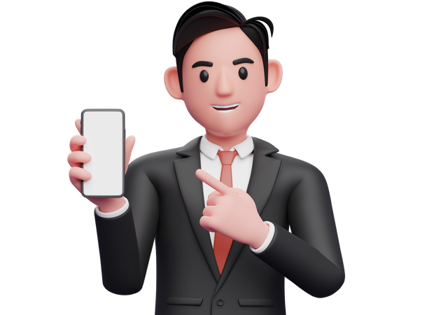 Homme d'affaires en costume noir pointant un téléphone portable avec l'index  3D Illustration
