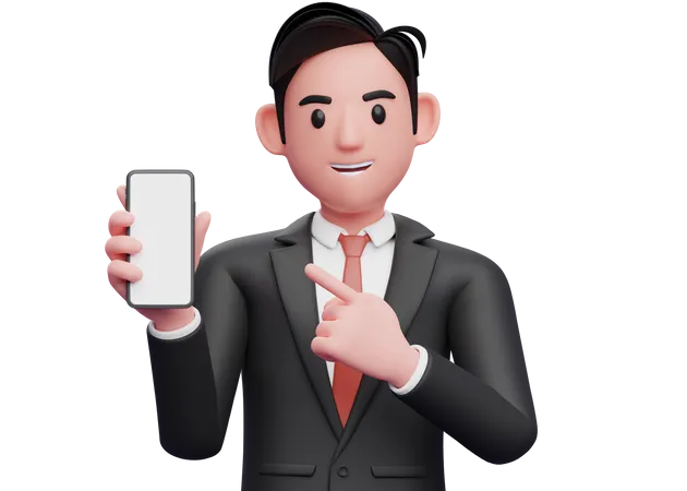 Homme d'affaires en costume noir pointant un téléphone portable avec l'index  3D Illustration