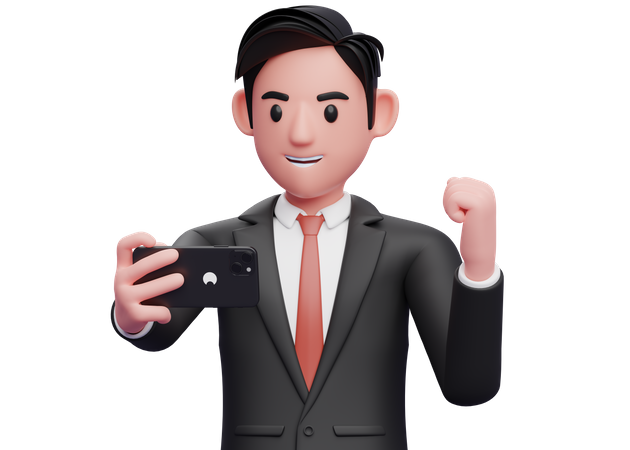 Homme d'affaires en costume noir regardant l'écran du téléphone et célébrant  3D Illustration