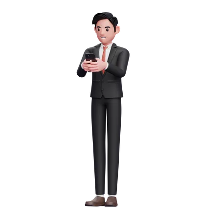 Homme d'affaires en costume formel noir tapant un message au téléphone  3D Illustration
